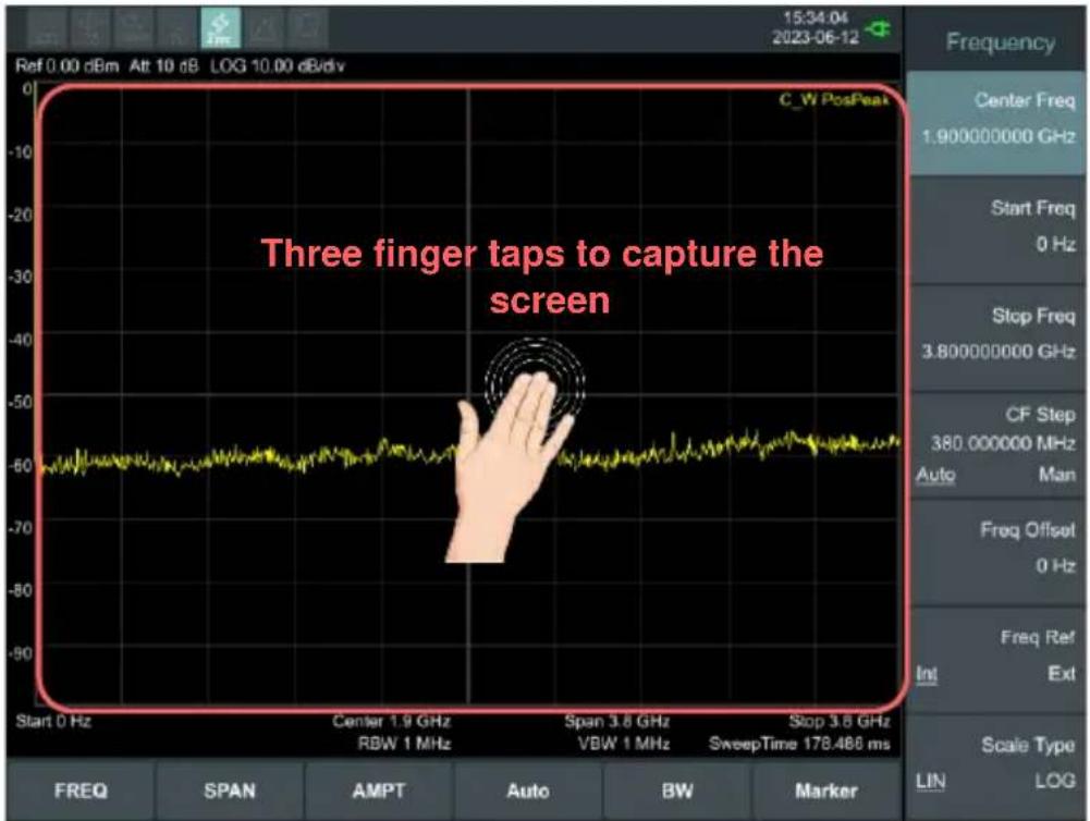 Three finger taps to capture the screen C_W PosPeak Frequency Center Freq 1.900000000 GHz Start Freq 0 Hz Stop Freq 3.800000000 GHz CF Step 380.000000 MHz Auto Man Freq Offset 0 Hz Freq Ref Ext SweepTime 178.486 ms Scale Type LIN LOG Ref 0.00 dBm Att 10 dB LOG 10.00 dB/div Start 0 Hz Center 1.9 GHz Span 3.8 GHz Stop 3.8 GHz RBW 1 MHz VBW 1 MHz SweepTime 178.486 ms FREQ SPAN AMPT Auto BW Marker