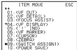 ITEM MOVE ESC 01. 02. 03. →04. 05. <‘!’ IND> 06. 07. 08. ●09. 10.
