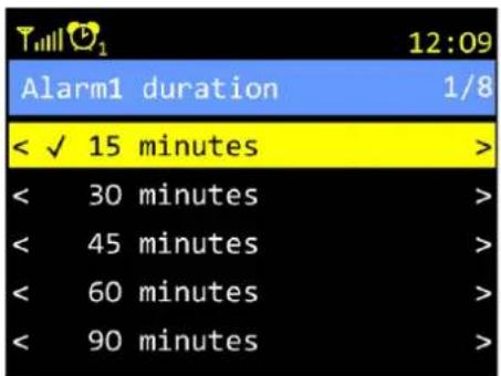 T1111 12:09 Alarm1 duration 1/8 < ✓ 15 minutes > < 30 minutes > < 45 minutes > < 60 minutes > < 90 minutes >
