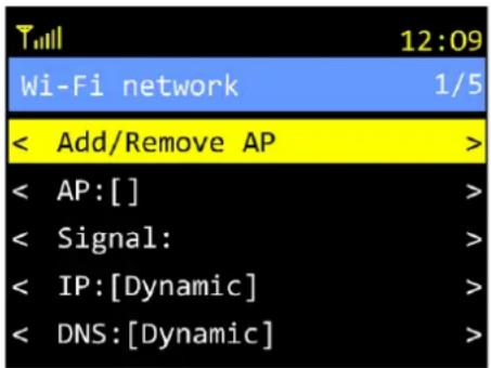 T111 12:09 Wi-Fi network 1/5 < Add/Remove AP > < AP:[] > < Signal: > < IP:[Dynamic] > < DNS:[Dynamic]
