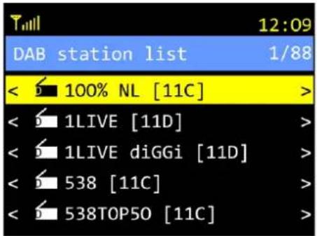 T 12:09 DAB station list 1/88 < 100% NL [11C] < 1LIVE [11D] < 1LIVE diGGi [11D] < 538 [11C] < 538TOP50 [11C]