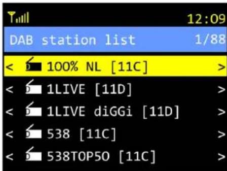 Tmll 12:09 DAB station list 1/88 < 100% NL [11C] > < 1LIVE [11D] > < 1LIVE diGGi [11D] > < 538 [11C] > < 538TOP50 [11C] >