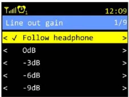 12:09 Line out gain 1/9 < ✓ Follow headphone > < 0dB > < -3dB > < -6dB > < -9dB >