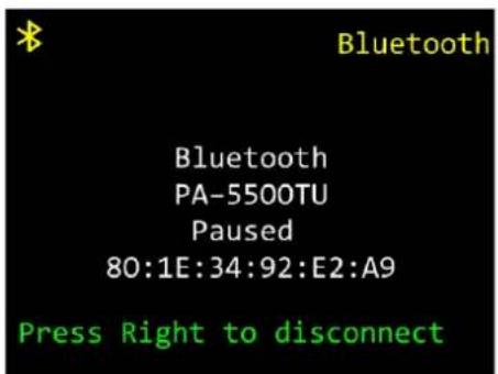 Bluetooth Bluetooth PA-5500TU Paused 80:1E:34:92:E2:A9 Press Right to disconnect