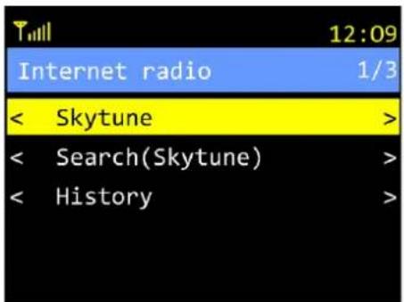 Tmll 12:09 Internet radio 1/3 < Skytune > < Search(Skytune) > < History >