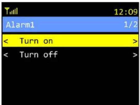 Tmll 12:09 Alarm1 1/2 < Turn on > < Turn off >