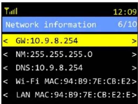 12:09 Network information 6/10 < GW:10.9.8.254 > < NM:255.255.255.0 > < DNS:10.9.8.254 > < Wi-Fi MAC:94:B9:7E:CB:E2> < LAN MAC:94:B9:7E:CB:E2:E>