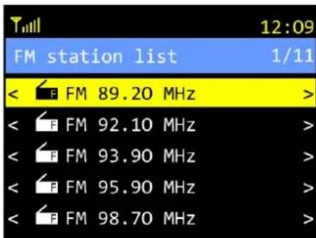 12:09 FM station list 1/11 < F FM 89.20 MHz > < F FM 92.10 MHz > < F FM 93.90 MHz > < F FM 95.90 MHz > < F FM 98.70 MHz >