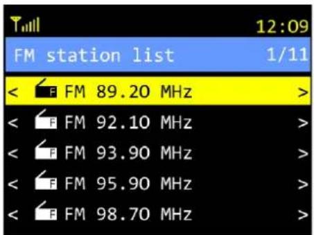 12:09 FM station list 1/11 < F FM 89.20 MHz > < F FM 92.10 MHz > < F FM 93.90 MHz > < F FM 95.90 MHz > < F FM 98.70 MHz >