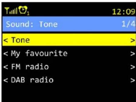 T11101 12:09 Sound: Tone 1/4 < My favourite > < FM radio > < DAB radio >