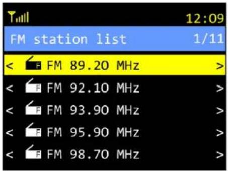 12:09 FM station list 1/11 < F FM 89.20 MHz > < F FM 92.10 MHz > < F FM 93.90 MHz > < F FM 95.90 MHz > < F FM 98.70 MHz >