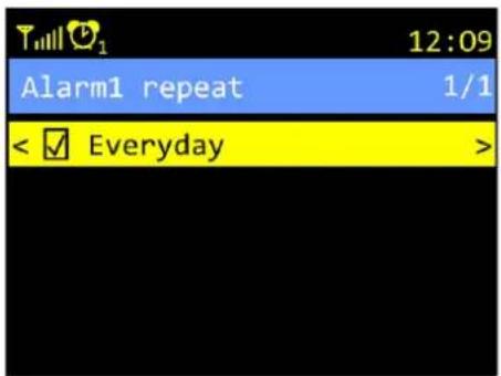 Tilll 12:09 Alarm1 repeat 1/1 < ✓ Everyday >