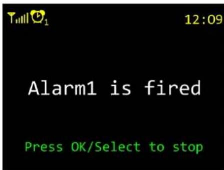 12:09 Alarm1 is fired Press OK/Select to stop
