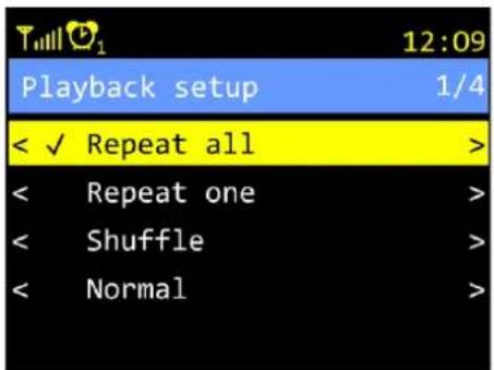 12:09 Playback setup 1/4 < ✓ Repeat all > < Repeat one > < Shuffle > < Normal >