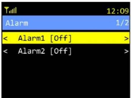 Tmll 12:09 Alarm 1/2 < Alarm1 [Off] > < Alarm2 [Off] >