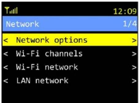 Till 12:09 Network 1/4 < Network options > < Wi-Fi channels > < Wi-Fi network > < LAN network >