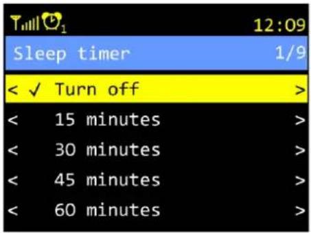 Sleep timer 12:09 1/9 < ✓ Turn off > < 15 minutes > < 30 minutes > < 45 minutes > < 60 minutes >