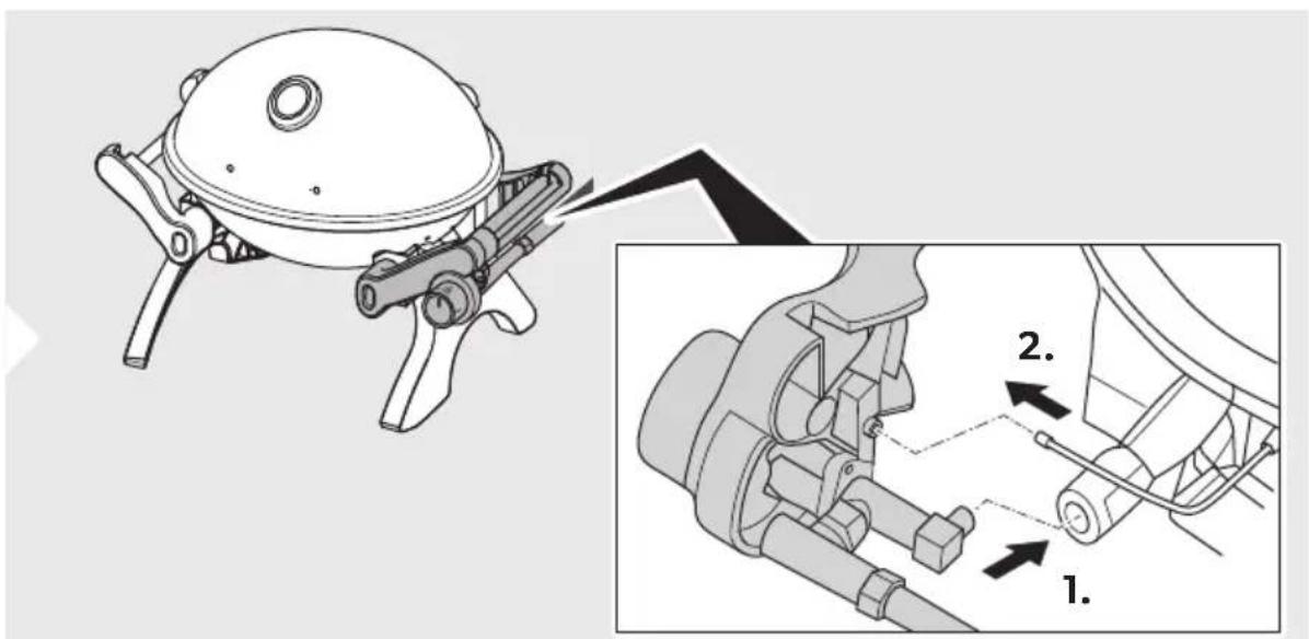 Technical diagram showing a mechanical assembly with labeled parts and an inset view of the component being inserted.