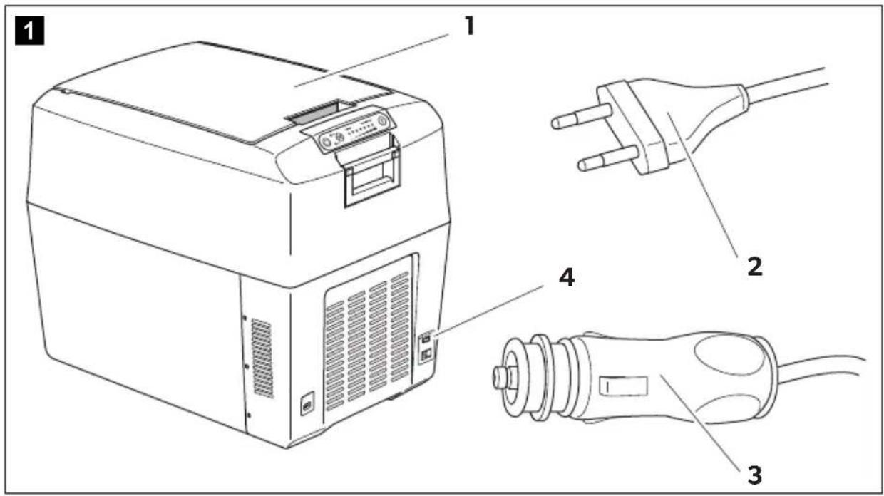 Technical diagram of a portable electronic device with labeled parts including power plug, plug cable, and plug plug.