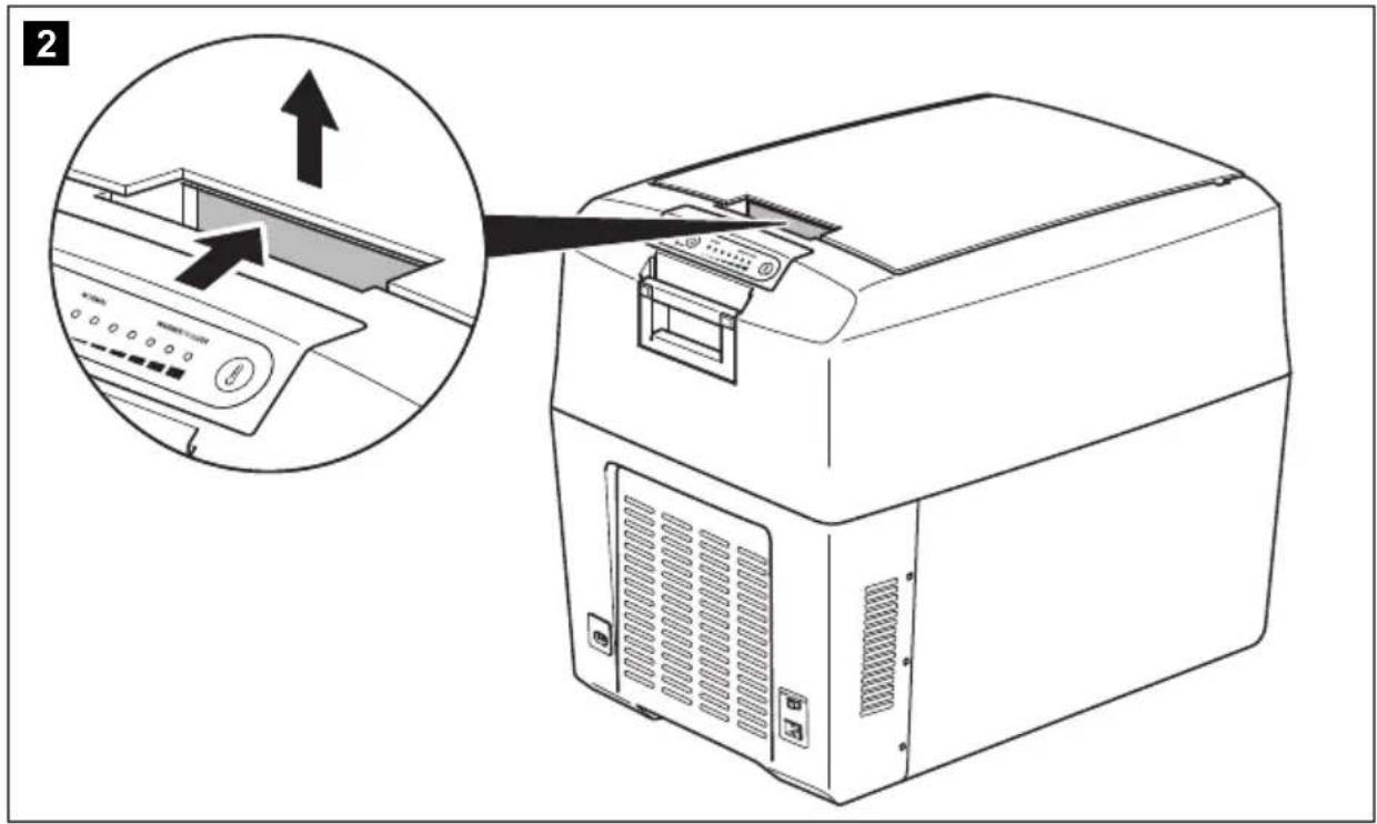 Diagram showing a printer's internal structure with an inset magnified view highlighting the component's insertion.