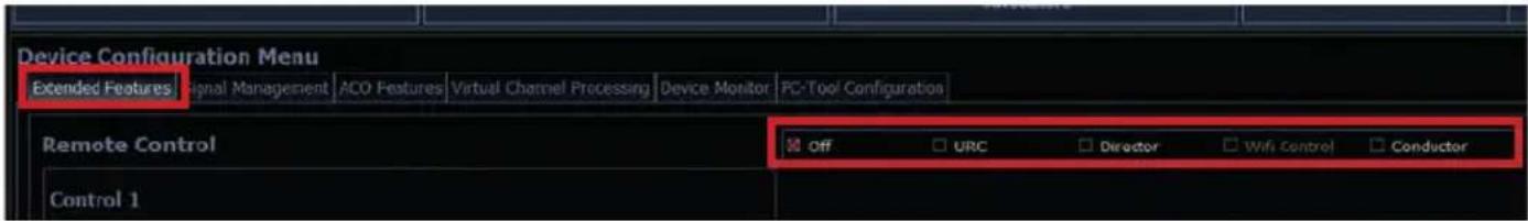 Device Configuration Menu Extended Features Signal Management ACO Features Virtual Channel Processing Device Monitor FC-Tool Configuration Remote Control OFF URC Director Wifi Control Conductor Control 1