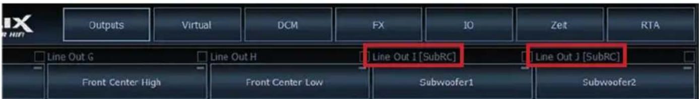 Outputs Virtual DCM FX IO Zeit RTA Line Out G Line Out H Line Out I [SubRC] Line Out J [SubRC] Front Center High Front Center Low Subwoofer1 Subwoofer2