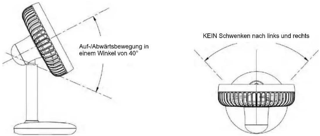 Auf-/Abwärtsbewegung in einem Winkel von 40° KEIN Schwenken nach links und rechts