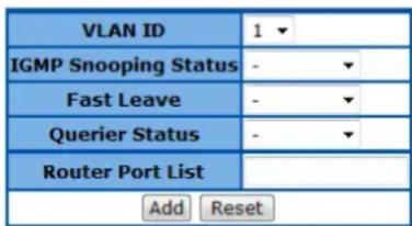 VLAN ID IGMP Snooping Status Fast Leave Querier Status Router Port List Add Reset
