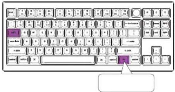 Diagram of a standard computer keyboard with highlighted keys and a cursor pointing to the right button.