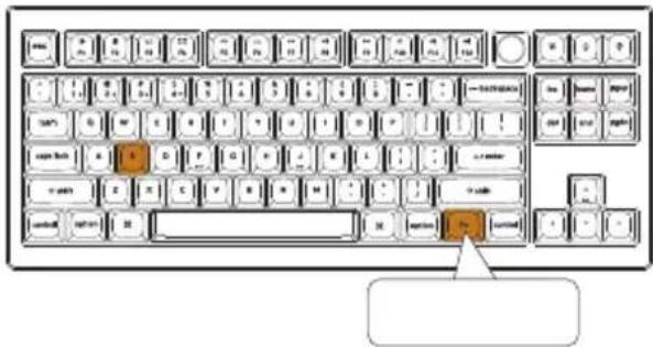 Diagram of a computer keyboard layout with highlighted keys and a cursor pointing to the keyboard.