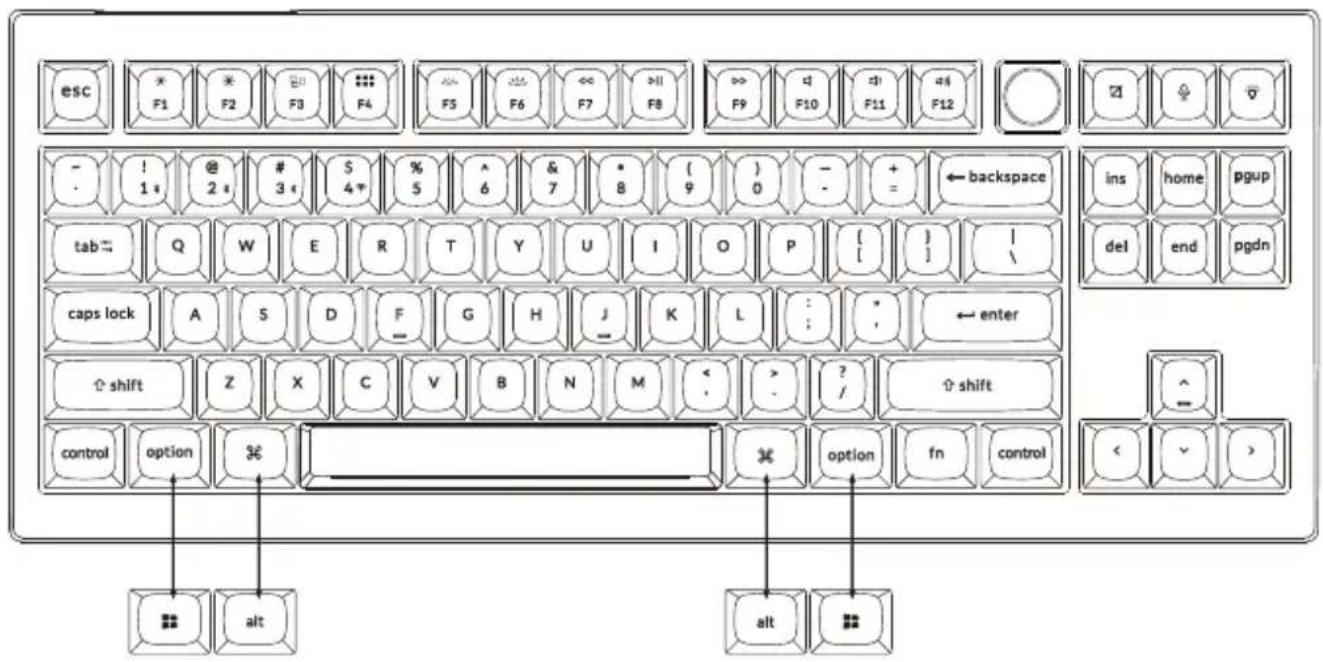 ESC F1 F2 F3 F4 F5 F6 F7 F8 F9 F10 F11 F12 - ! 1# @ 2# 3# $ 4# % 5 ^ 6 & 7 * B ( 9 ) 0 - - + ← backspace ins home pgup tab= Q W E R T Y U I O P [ ] | del end pgdn caps lock A S D F G H J K L : * ← enter shift Z X C V B N M : ? / shift control option 3€ × option fn control << alt alt
