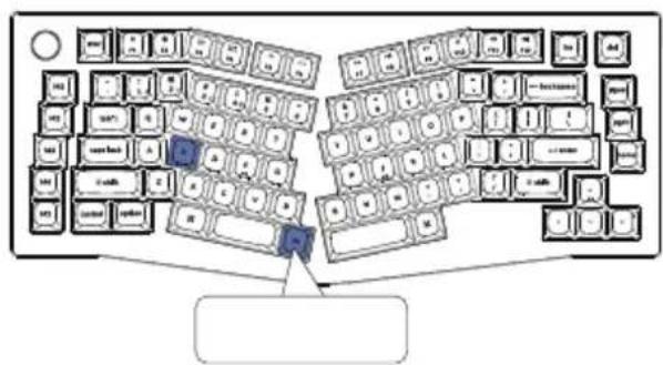 Diagram of a computer keyboard layout showing key keys and connections, with one key highlighted in blue.