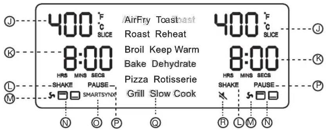 J 400 °F c SLICE AirFry Toast Roast Reheat Broil Keep Warm Bake Dehydrate Pizza Rotisserie Grill Slow Cook J 400 °F c SLICE K 8:00 HR5 MINS SECS SHAKE PAUSE SMARTSYNX N O P Q R L M N K L M P
