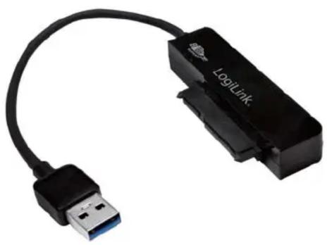 Close-up of a black USB device with a blue connector, showing the logo and cable (no text or symbols beyond branding)