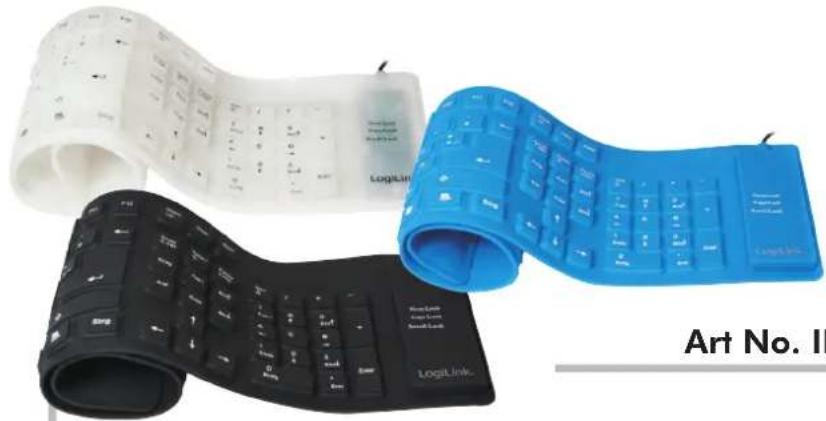 Three flexible LogLink keyboard designs in white, black, and blue, displayed against a plain background (no text or symbols on the keys themselves)