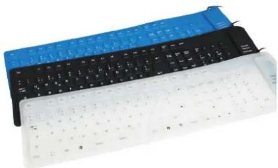 Three stacked computer keyboard units in blue, black, and white, showing different sizes and shades (no visible text or labels)