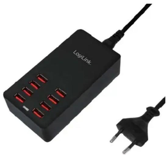 Black LogLink charging device with red LED indicators and a black power plug (no text or symbols visible on device body)