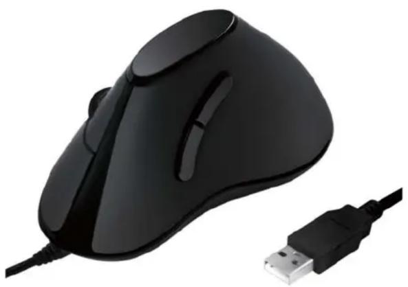 Black computer mouse with attached USB cable, shown against white background (no text or symbols)