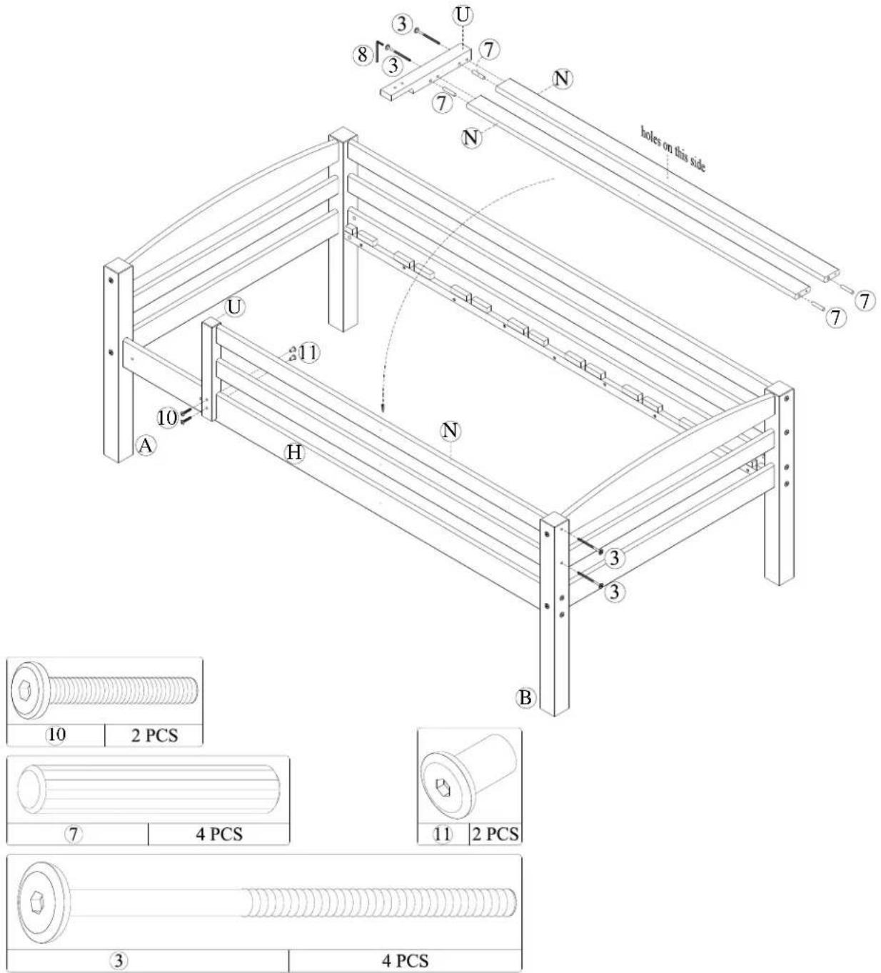 holes on this side 10 2 PCS 7 4 PCS 3 4 PCS 8 7 U N U N H A B 11 3 3 7 7