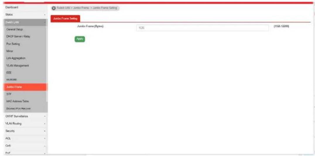 Switch LAN > Jumbo Frame > Jumbo Frame Setting Jumbo Frame Setting Jumbo Frame (Bytes) 126 (1526-12280) Appv Jumbo Frame Jumbo Frame (Bytes) STP MAC Address Table Disked Port Recov ON/IF Surveillance VLAN Routing Security ACL OnS PvF