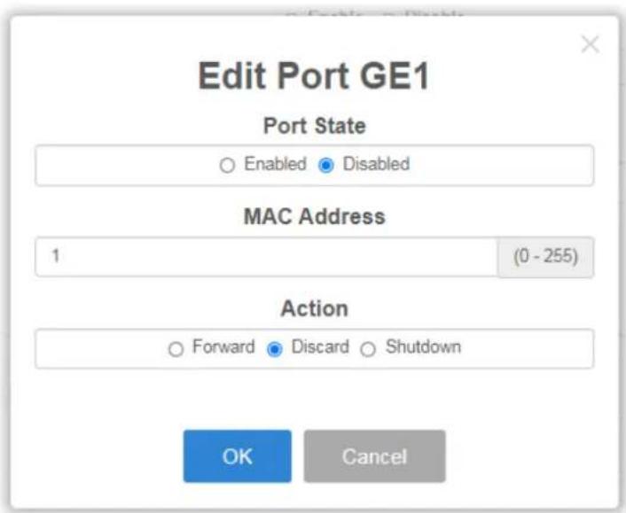 Edit Port GE1 Port State Enabled Disabled MAC Address 1 (0 - 255) Action Forward Discard Shutdown OK Cancel