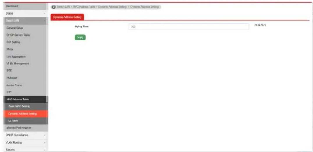 Switch LAN > MAC Address Table > Dynamic Address Setting > Dynamic Address Setting Dynamic Address Setting Aging Time: 300 (5.32767) Apply MAC Address Table State MAC Setting Dynamic Address Setting U2 HDB Blocked Port Recover ONVF Surveillance VLAN Routing Security
