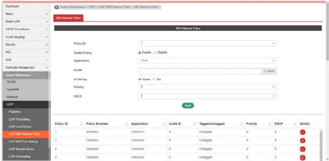 System Systèmes > LIDP > LIDP MEO Network Policy > MEO Network Policy MED Network Policy MED Network Policy Policy ID: 1 Enable Policy: Enable Disable Application: Voice VLAN: (1-4094) VLAN Tag: Untitled Tan Priority: 0 DISCP: 0 App1 Policy ID Policy Enabled Application VLAN ID Tagged/Untagged Priority DSCP Modify 1 Disordered Unknown 0 Untagged 0 0 3 Disordered Unknown 0 Untagged 0 0 3 Disordered Unknown 0 Untagged 0 0 4 Disordered Unknown 0 Untagged 0 0