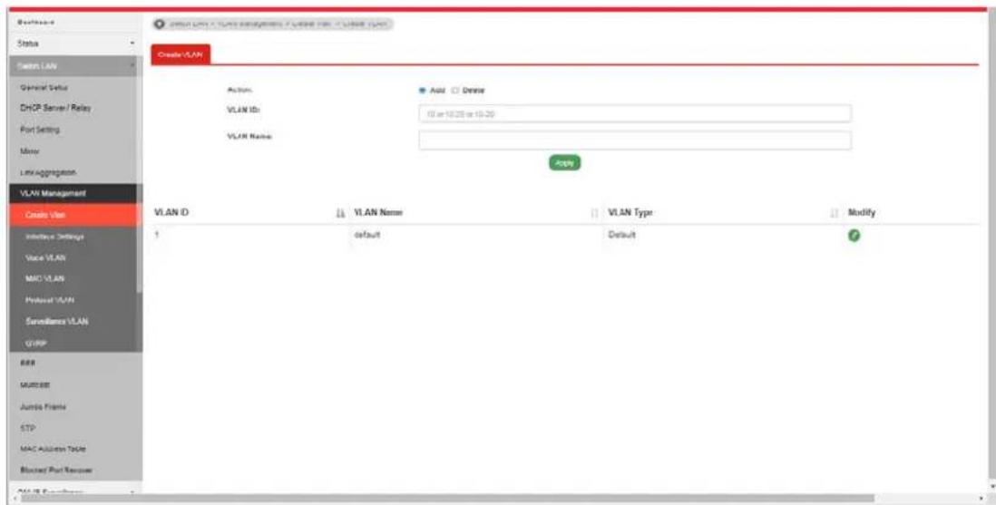 Backhaul Status Switch LAN General Setup DHCP Server/ Relay Port Setting Mow Link Aggregation VLAN Management Create VLAN Actions Add Deere VLAN Ids 10 or 10.20 or 10.20 VLAN Name Apply Vi.A.N ID default Vi.A.N Name default Vi.A.N Type Modify 1 default Vi.A.N Type 1 Modify Vi.A.N Name default Vi.A.N Name default Vi.A.N Name default Vi.A.N Name default Vi.A.N Name default Vi.A.N Name default Vi.A.N Name default Vi.A.N Name default Vi.A.N Name default Vi.A.N Name default Vi.A.N Name default Vi.A.N Name default Vi.A.N Name default Vi.A.N Name default Vi.A.N Name default vi.A.N Name default vi.A.N Name default vi.A.N Name default vi.A.N Name default vi.A.N Name default vi.A.N Name default vi.A.N Name default vi.A.N Name default vi.A.N Name default vi.A.N Name default vi.A.N Name default vi.A.N Name default vi.A.N Name default vi.A.N Name default vi.A.n Name