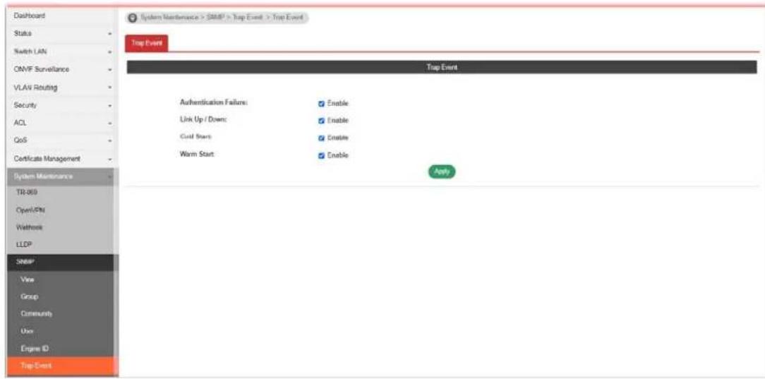 Dashboard Status Switch LAN ONVIF Surveillance VLAV Routing Security ACL QoS Certificate Management System Maintenance TR-369 Open/FPN Wathmore LLDP SNMP Vise Group Community Use Engine ID Trap Event System Maintenance > SNMP > Trap Event > Trap Event Trap Event Trap Event Authentication Failure: Enable Link Up / Down: Enable Golf Start: Enable Warm Start: Enable Apply
