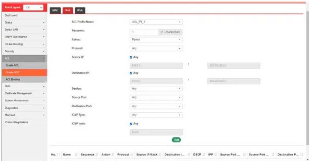 Auto/Logos: CII MAC IPv4 IPv6 Dashboard Status Switch LAN ONVF Surveillance VLAN Routing Security ACL Create ACL Create ACE ACL Binding QoS Certificate Management System Maintenance Diagnostics Mail Alert Product Registration ACL Profile Name: ACL_IPI_1 Sequence: 1 (1 - 21.07.8536.0) Action: Permit Protocol: Any Source IP: Any Destination IP: Any Service: Any Source Port: Any Destination Port: Any ICMP Type: Any ICMP code: Any Add No. Name Sequence Action Protocol Source IP/Mask Destination I... DSCP IPP Source Port ... Source Port ... Destination P...