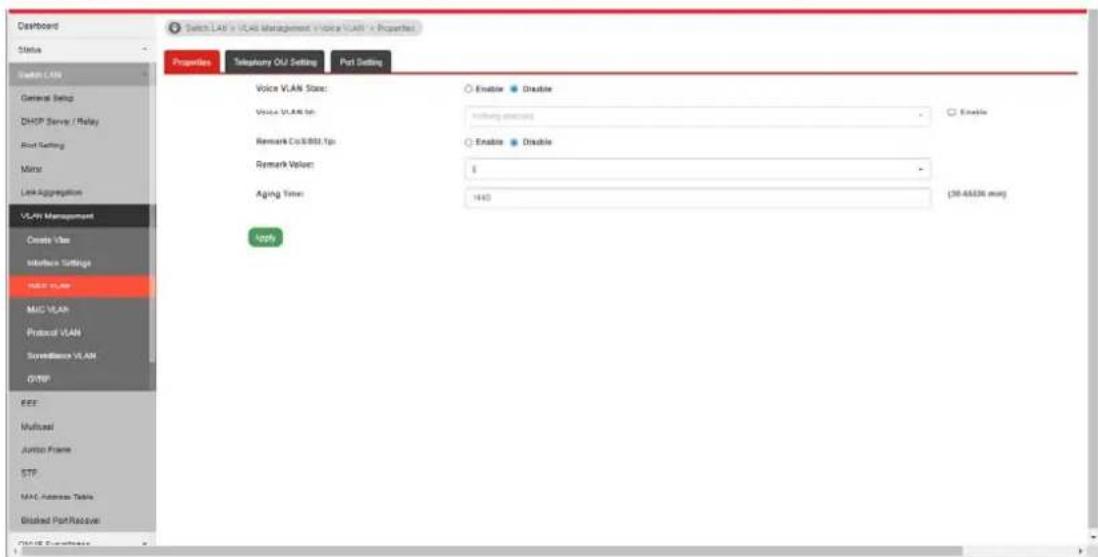 Switch LAN in VLAN Management Voice VLAN in Properties Properties Telephone Old Setting Port Setting Voice VLAN Store: Enable Disable Voice VLAN No: Nothing should Remark Co/8001.1p Enable Disable Remark Value: 1 Aging Time: 14:00 (36:46536 sec) Apply