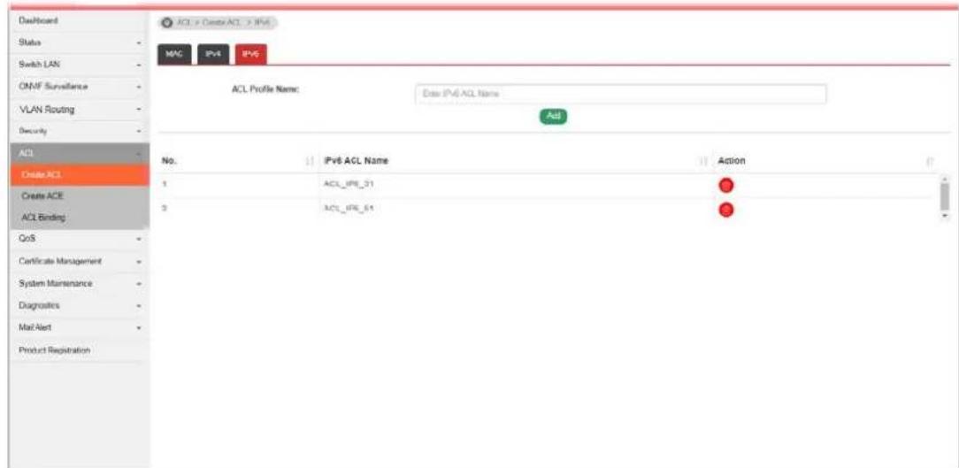 Dashboard Status Switch LAN ONIF Surveillance VLAN Routing Security ACI Create ACI Create ACE ACL Binding QoS Certificate Management System Maintenance Diagnostics Mail Alert Product Registration ACI: Create ACI > IPv6 MAG IPv4 IPv5 ACL Profile Name: Date IPv6-ACL Name Add No. | IPv6 ACL Name | Action 1 ACL_IPB_31 2 ACL_IPB_61