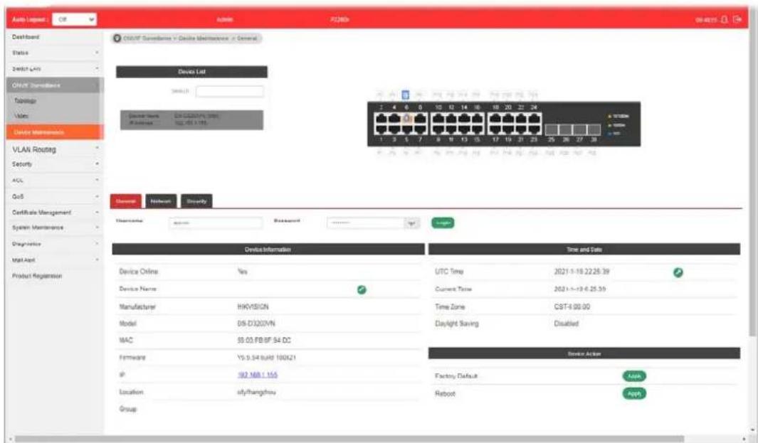 Auto Logos CF Auto AC2405 00-00:00 Dashboard Status Switch LHS CHNUT Surveillance Topology Video Device List 2405.1 Current Name: CN-C2407V (396) A Subsea: 102.05.1.185 Device Information Device Online Yes Device Name Manufacturer HKVISION Model OS-D3207N MAC 55.03.FB.BF 54.DC Firmware YS-5.54.BUAD 100X21 IP 182.168.1.155 Location sly/fangzhou Group Time and Date UTC Time 2021-1-18 22:25:39 Current Time 2021-1-19 6:25:39 Time Zone CST-8.00:00 Daylight Saving Disabled Device Action Factory Default Assets Reboot Apps