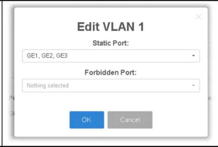 Edit VLAN 1 Static Port: GE1, GE2, GE3 Forbidden Port: Nothing selected OK Cancel